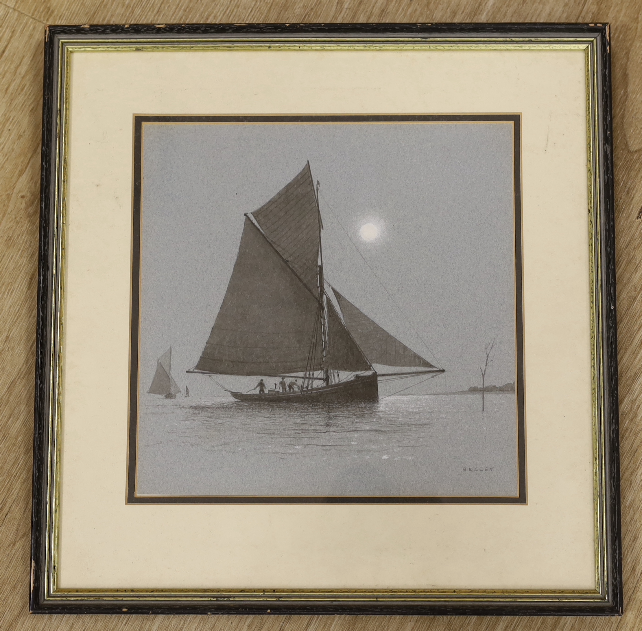 Laurence Bagley (1922-1983) heightened mixed media on paper, boats and figures, signed, 23 x 23cm
